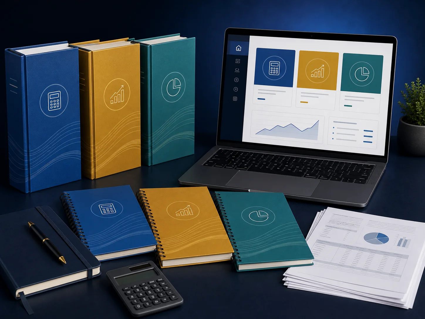 Tres cuadernos y una biblioteca digital que representan las tres rutas formativas del programa