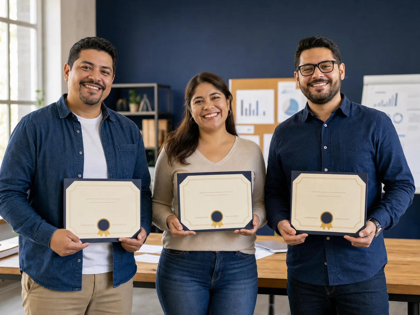 Imagen ilustrativa de tres participantes sosteniendo certificados de finalización del programa