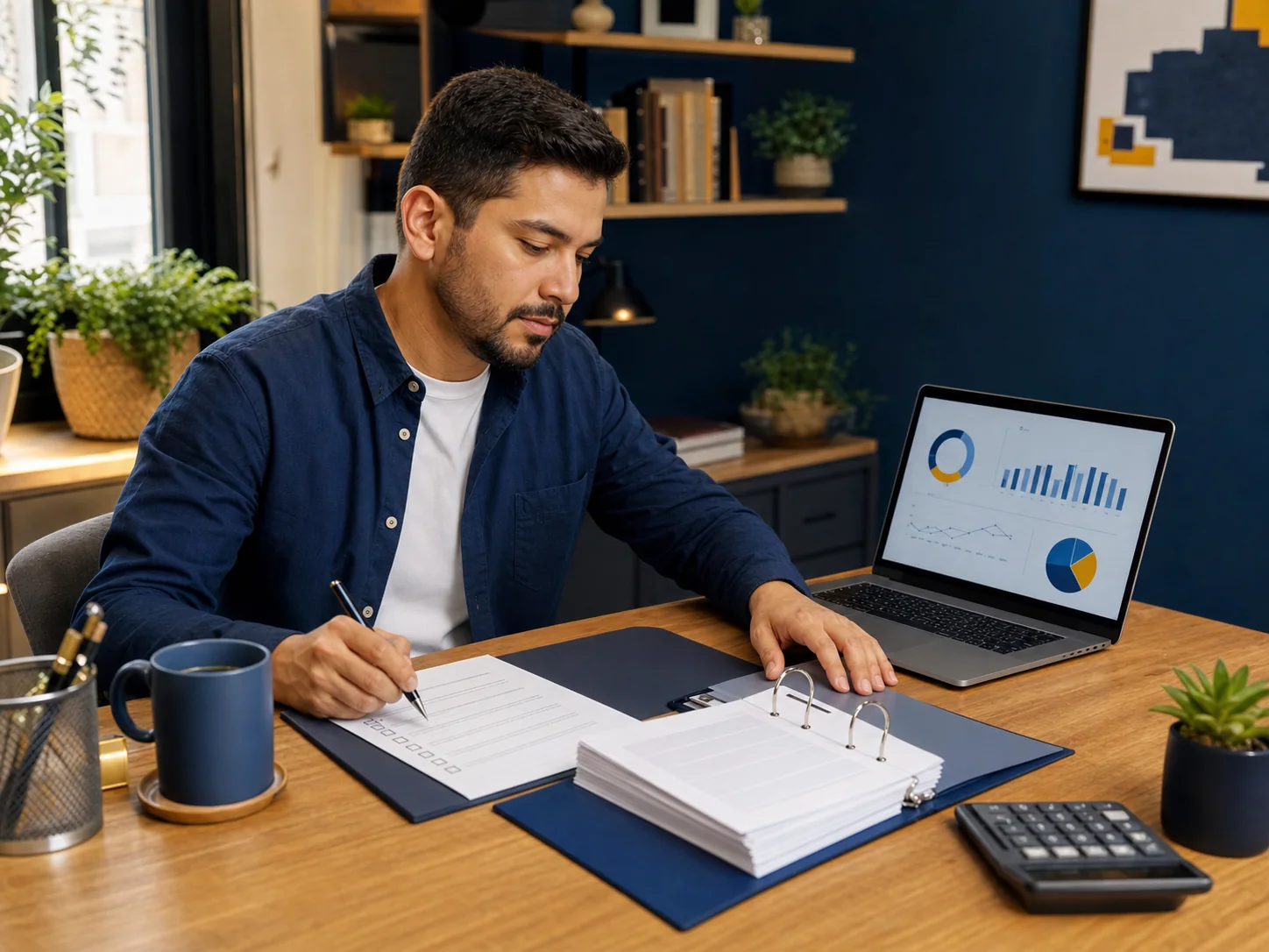 Emprendedor revisando sus reportes y completando una rutina contable