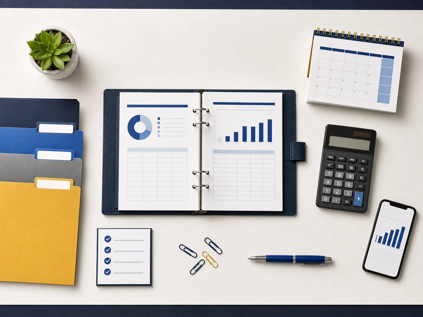 Kit organizado con plantillas, calendario, calculadora, carpetas y checklist contable